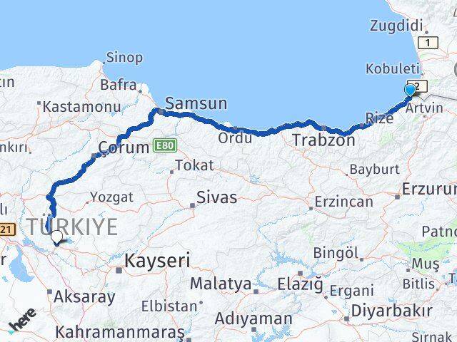Artvin Kemalpaşa Kırşehir Arası Kaç Km - Yol Haritası