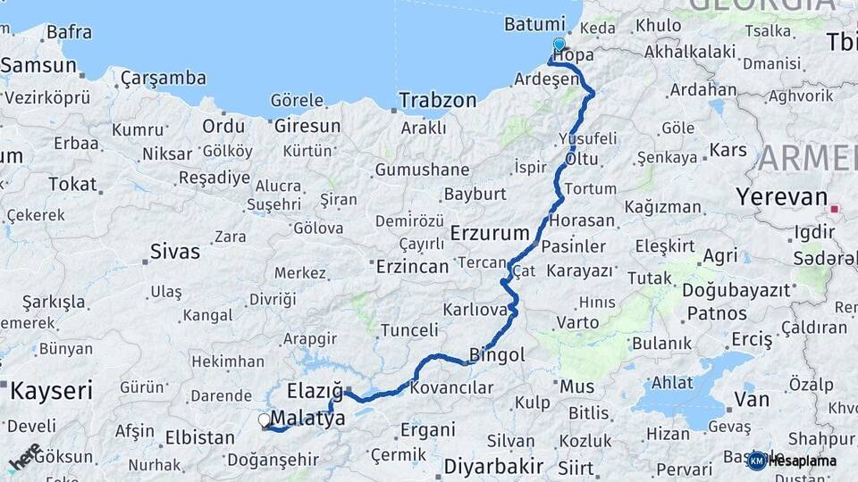Artvin Kemalpaşa Malatya Arası Kaç Km - Yol Haritası