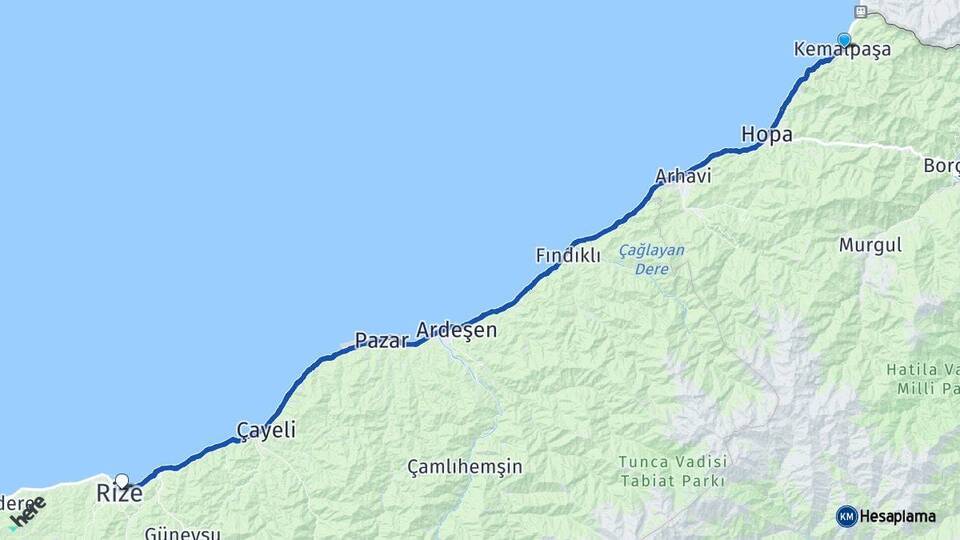 Artvin Kemalpaşa Rize Arası Kaç Km - Yol Haritası