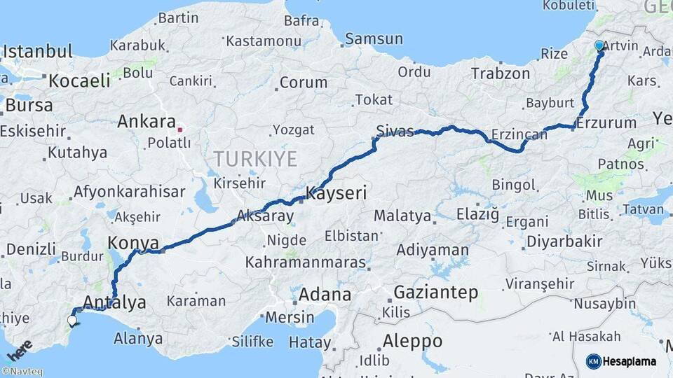 Artvin Kemer Antalya Arası Kaç Km - Yol Haritası