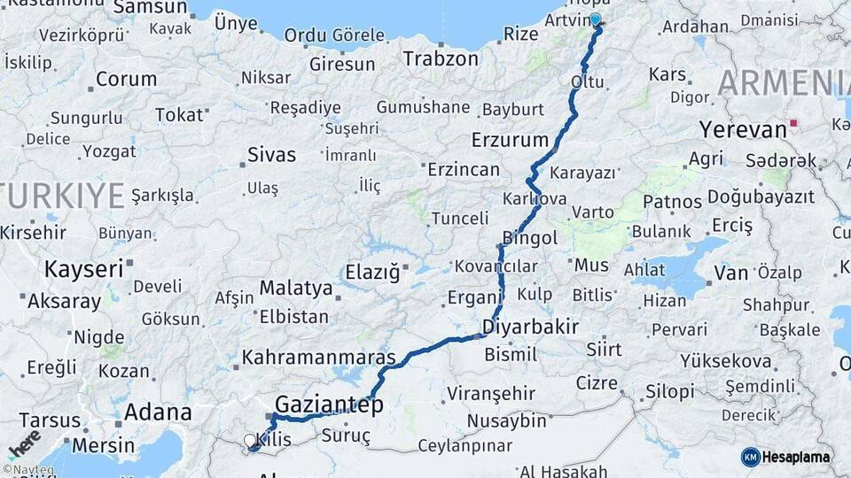 Artvin Kilis Arası Kaç Km - Yol Haritası