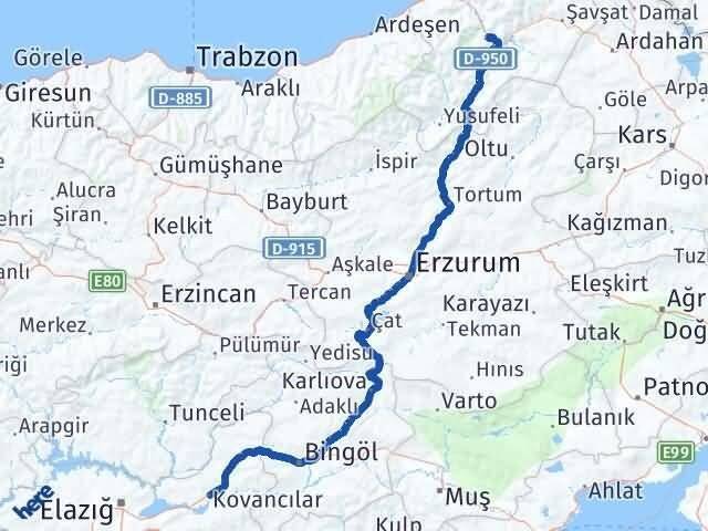 Artvin Kovancılar Elazığ Arası Kaç Km - Yol Haritası
