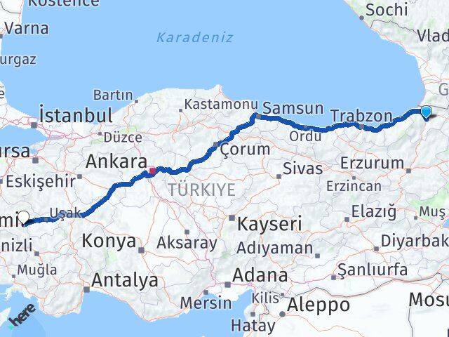 Artvin Kula Manisa Arası Kaç Km - Yol Haritası