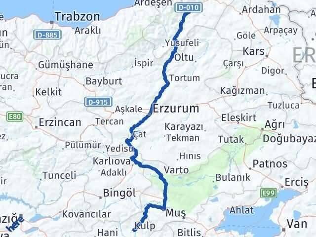 Artvin Kulp Diyarbakır Arası Kaç Km - Yol Haritası