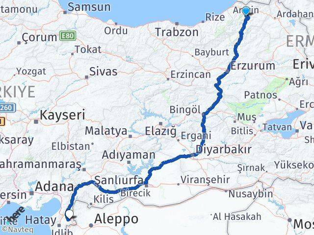 Artvin Kumlu Hatay Arası Kaç Km - Yol Haritası