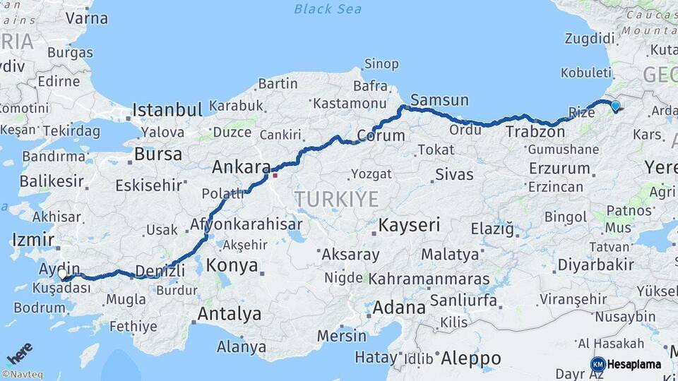 Artvin Kuşadası Aydın Arası Kaç Km - Yol Haritası