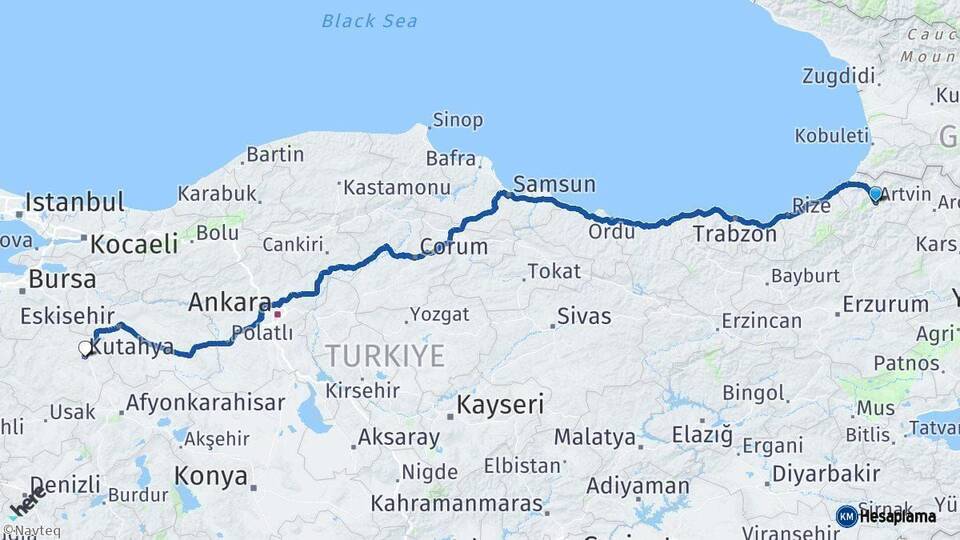 Artvin Kütahya Arası Kaç Km - Yol Haritası