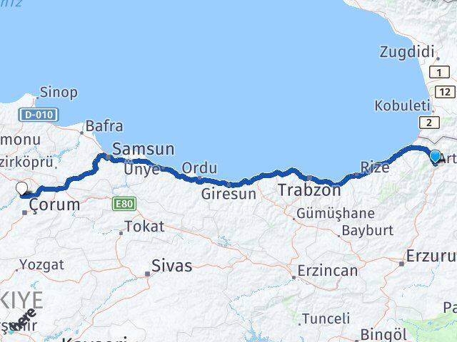 Artvin Laçin Çorum Arası Kaç Km - Yol Haritası