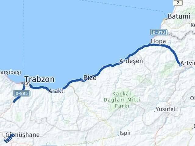 Artvin Maçka Trabzon Arası Kaç Km - Yol Haritası