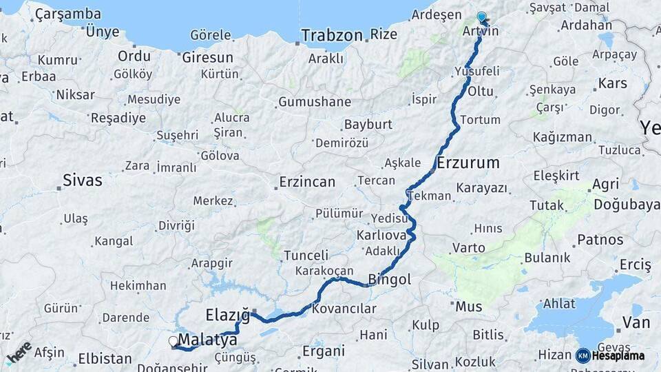 Artvin Malatya Arası Kaç Km - Yol Haritası