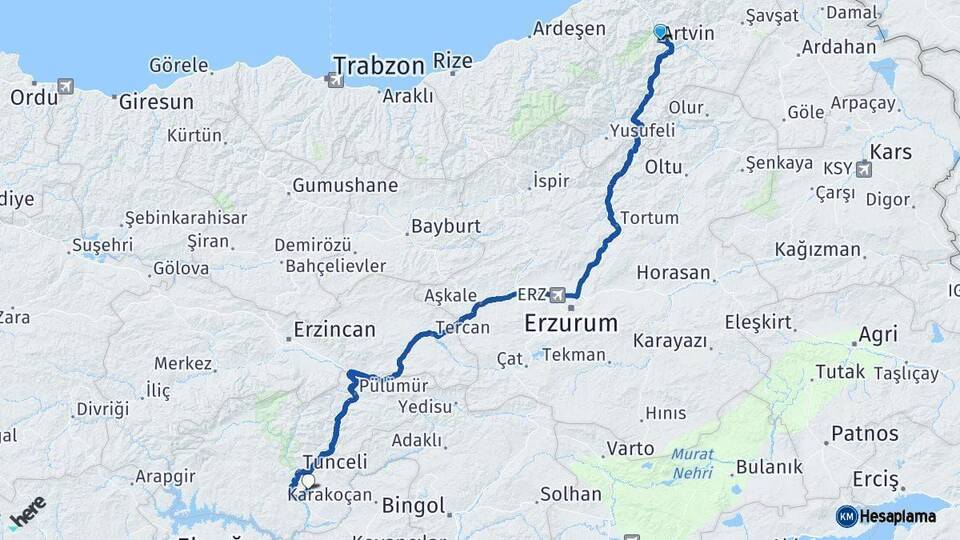 Artvin Mazgirt Tunceli Arası Kaç Km - Yol Haritası