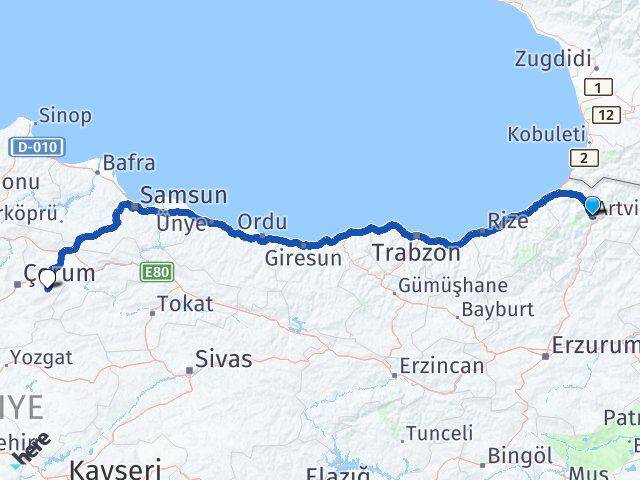 Artvin Mecitözü Çorum Arası Kaç Km - Yol Haritası