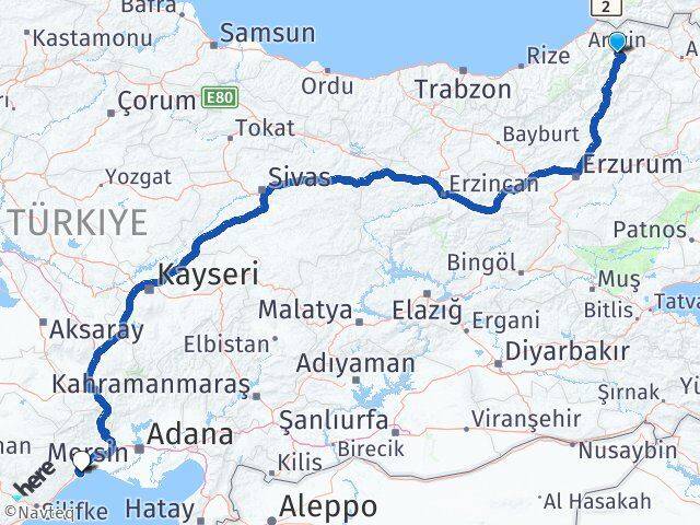 Artvin Mezitli Mersin Arası Kaç Km - Yol Haritası