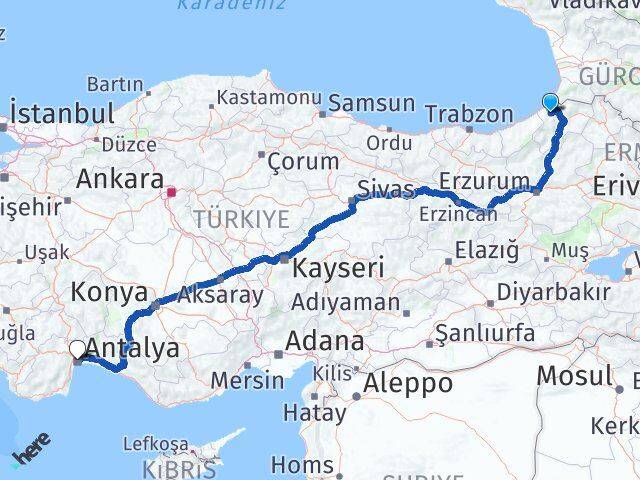 Artvin Murgul Antalya Arası Kaç Km - Yol Haritası