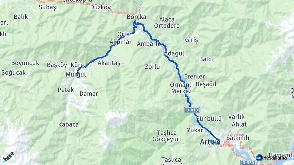 Artvin Murgul Arası Kaç Km - Yol Haritası