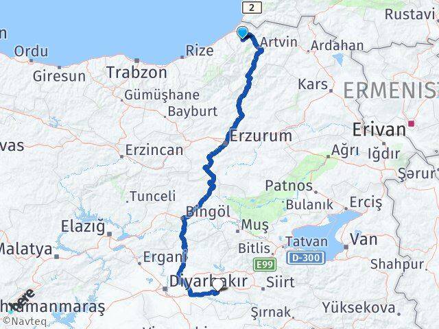 Artvin Murgul Batman Arası Kaç Km - Yol Haritası