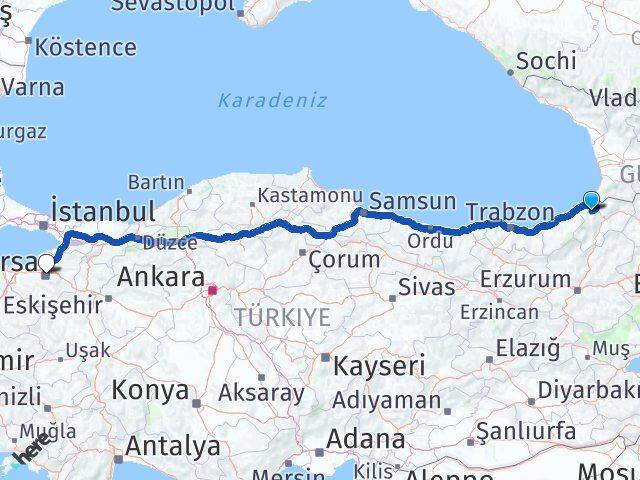 Artvin Murgul Bursa Arası Kaç Km - Yol Haritası