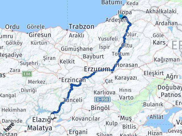 Artvin Murgul Elazığ Arası Kaç Km - Yol Haritası