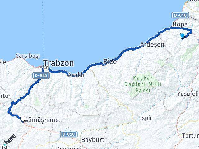 Artvin Murgul Gümüşhane Arası Kaç Km - Yol Haritası