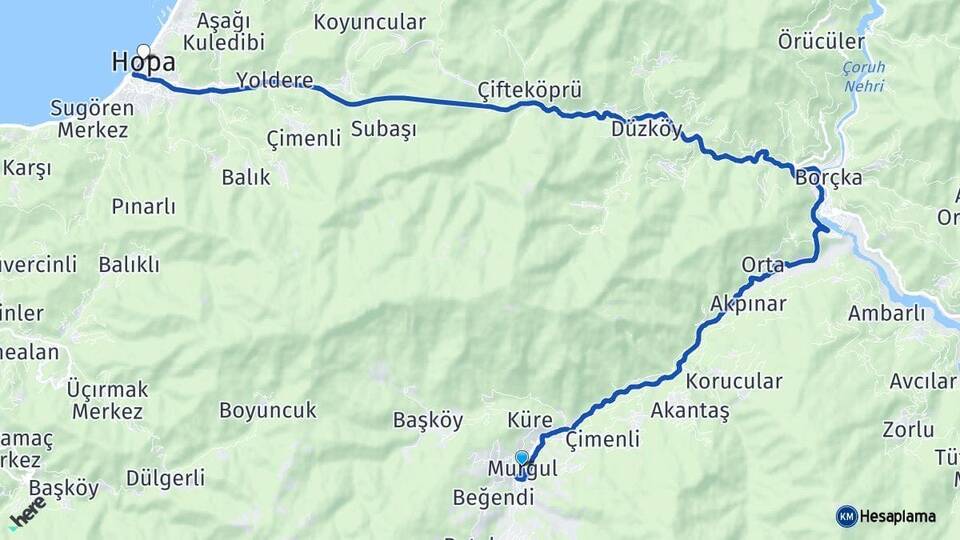 Artvin Murgul Hopa Arası Kaç Km - Yol Haritası