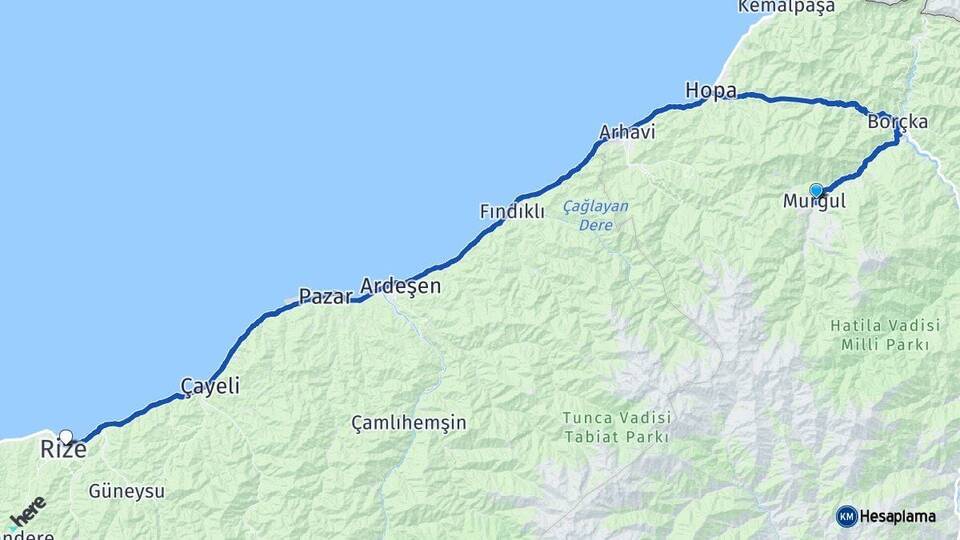 Artvin Murgul Rize Arası Kaç Km - Yol Haritası