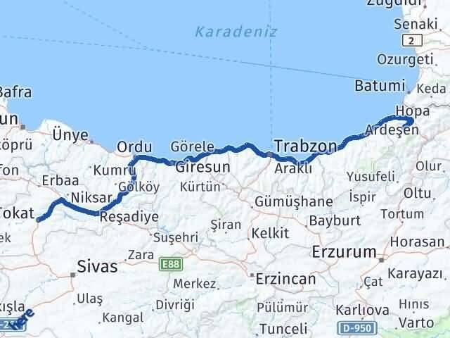 Artvin Murgul Tokat Arası Kaç Km - Yol Haritası