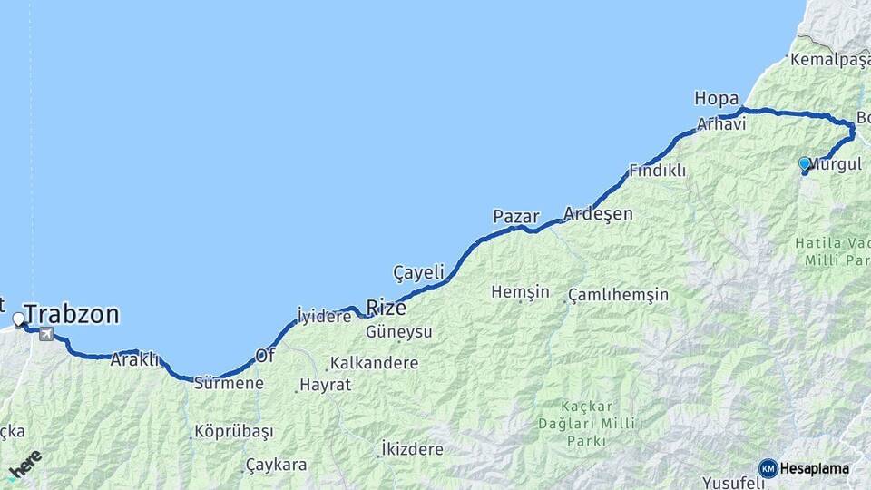 Artvin Murgul Trabzon Arası Kaç Km - Yol Haritası
