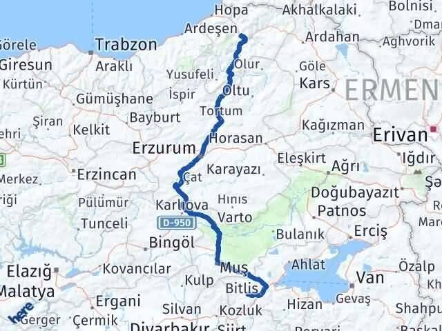Artvin Mutki Bitlis Arası Kaç Km - Yol Haritası
