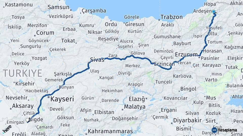 Artvin Niğde Arası Kaç Km - Yol Haritası