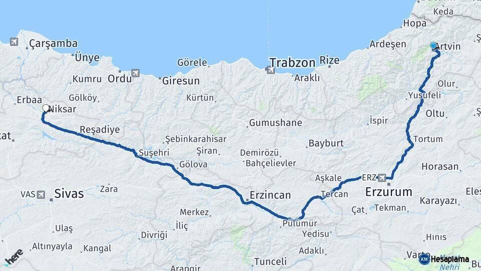 Artvin Niksar Tokat Arası Kaç Km - Yol Haritası