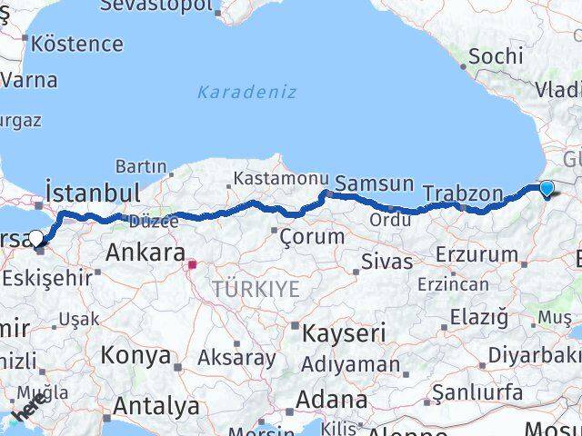Artvin Nilüfer Bursa Arası Kaç Km - Yol Haritası
