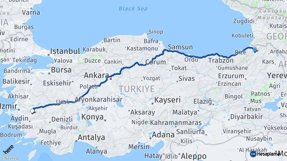 Artvin Ödemiş İzmir Arası Kaç Km - Yol Haritası