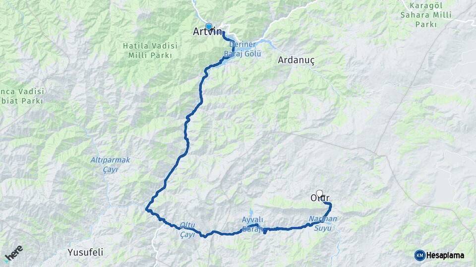 Artvin Olur Erzurum Arası Kaç Km - Yol Haritası
