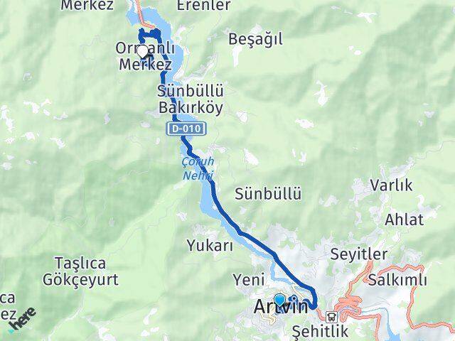 Artvin Ormanlı Arası Kaç Km - Yol Haritası