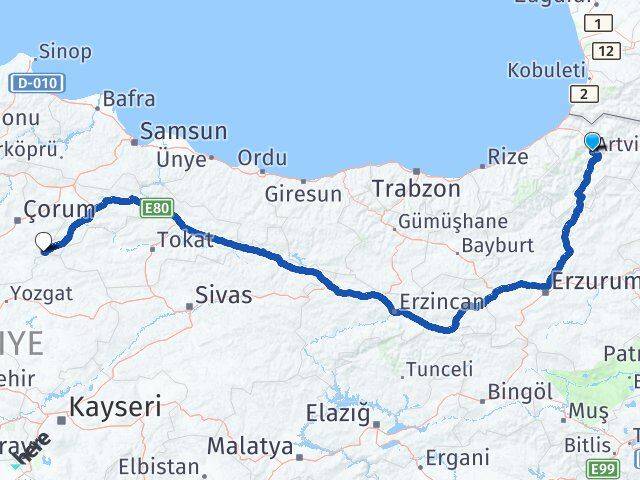Artvin Ortaköy Çorum Arası Kaç Km - Yol Haritası