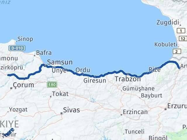 Artvin Osmancık Çorum Arası Kaç Km - Yol Haritası
