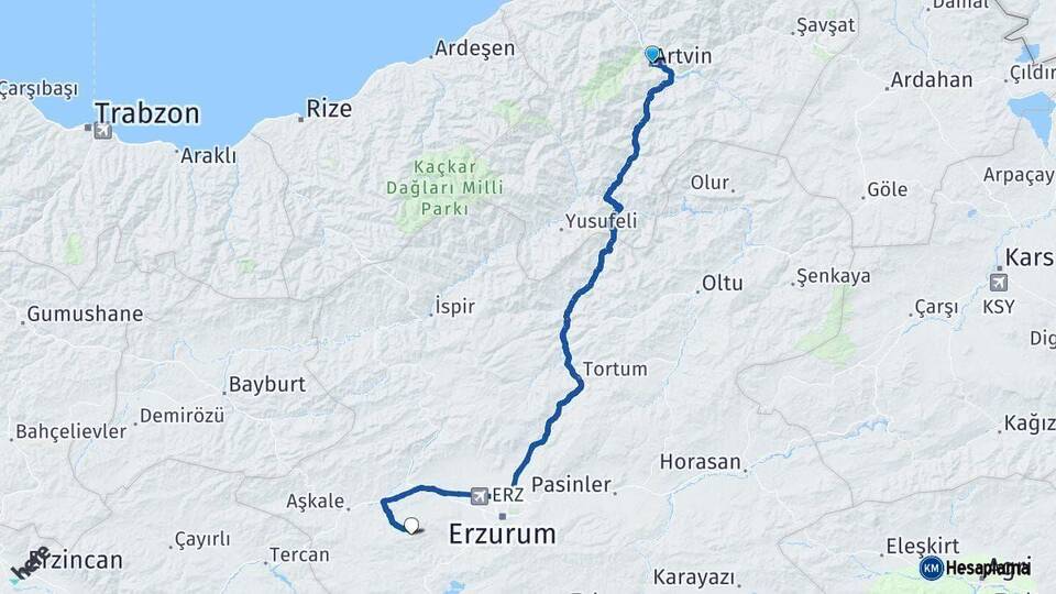 Artvin Palandöken Erzurum Arası Kaç Km - Yol Haritası