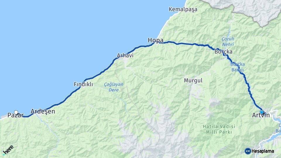 Artvin Pazar Rize Arası Kaç Km - Yol Haritası