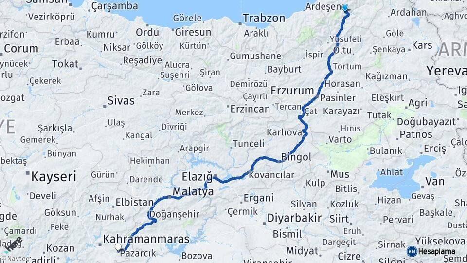 Artvin Pazarcık Kahramanmaraş Arası Kaç Km - Yol Haritası