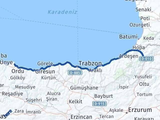 Artvin Perşembe Ordu Arası Kaç Km - Yol Haritası