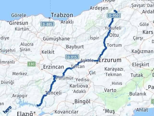 Artvin Pertek Tunceli Arası Kaç Km - Yol Haritası