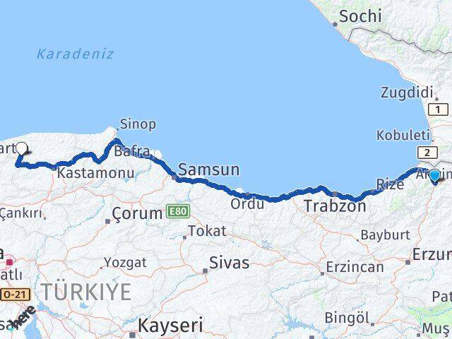 Artvin Pınarbaşı Kastamonu Arası Kaç Km - Yol Haritası