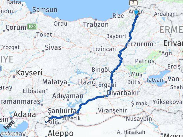 Artvin Polateli Kilis Arası Kaç Km - Yol Haritası