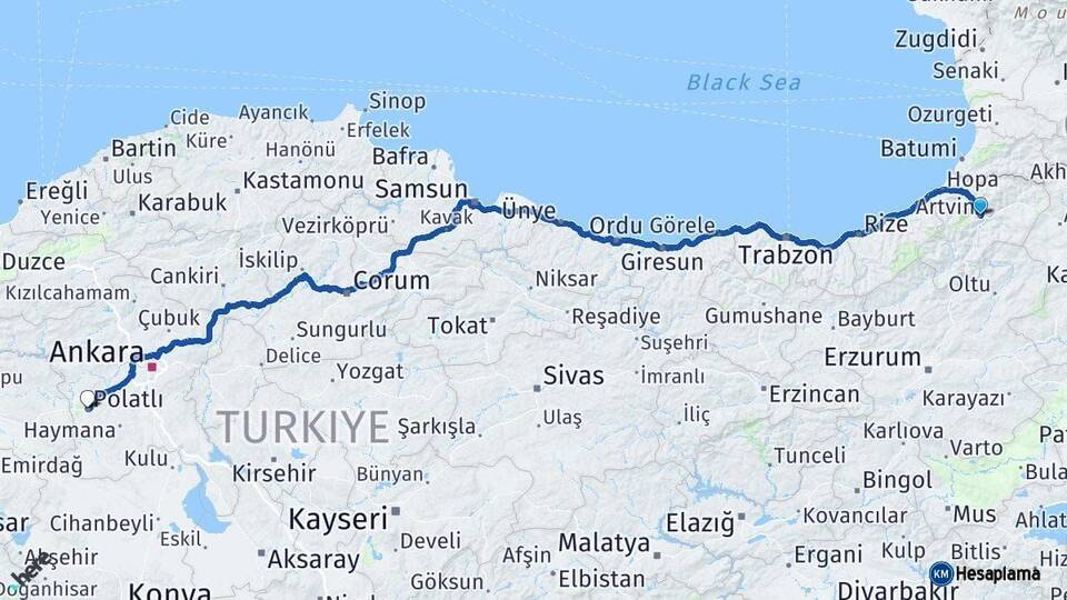 Artvin Polatlı Ankara Arası Kaç Km - Yol Haritası