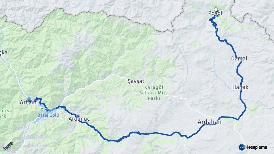 Artvin Posof Ardahan Arası Kaç Km - Yol Haritası
