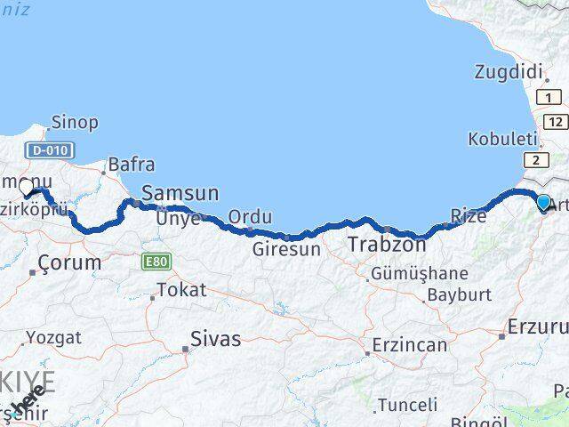 Artvin Saraydüzü Sinop Arası Kaç Km - Yol Haritası