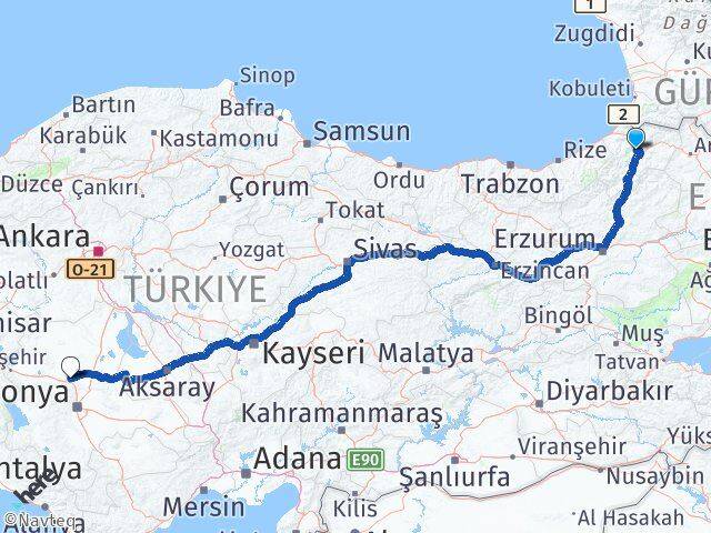 Artvin Sarayönü Konya Arası Kaç Km - Yol Haritası