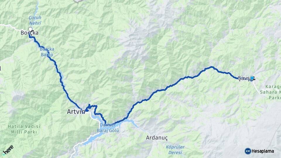 Artvin Şavşat Borçka Arası Kaç Km - Yol Haritası