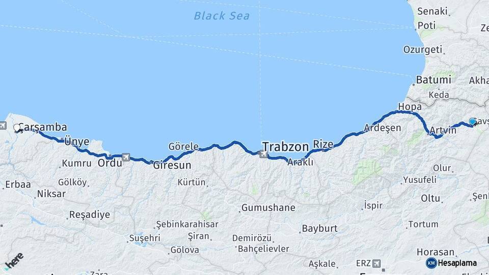 Artvin Şavşat Çarşamba Samsun Arası Kaç Km - Yol Haritası