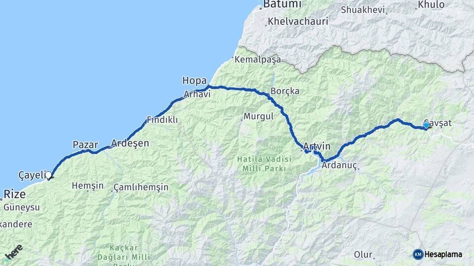 Artvin Şavşat Çayeli Rize Arası Kaç Km - Yol Haritası